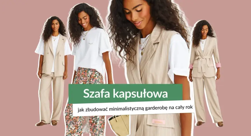 Szafa kapsułowa: minimalistyczna garderoba na cały rok. Modelka prezentuje beżowy garnitur w paski, kamizelkę i sukienkę.