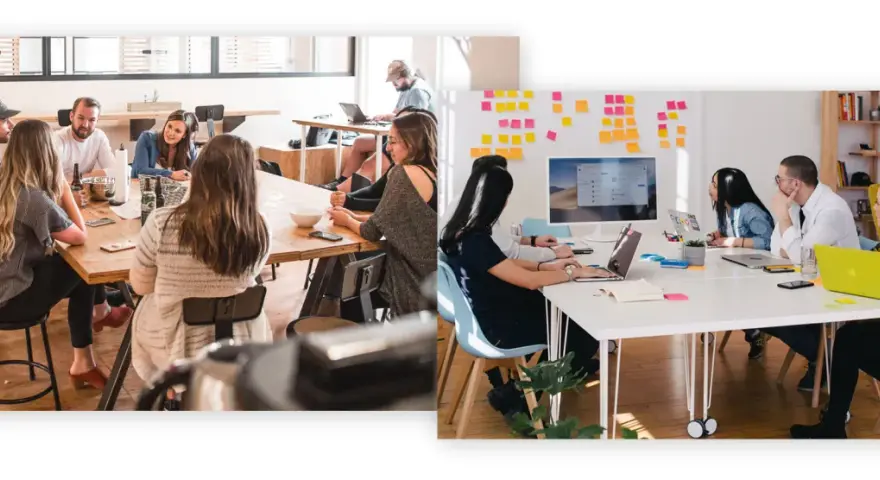 Menschen im **Kommunikationsdesign Studium** arbeiten in Teams an Projekten, tauschen Ideen aus und nutzen Laptops.