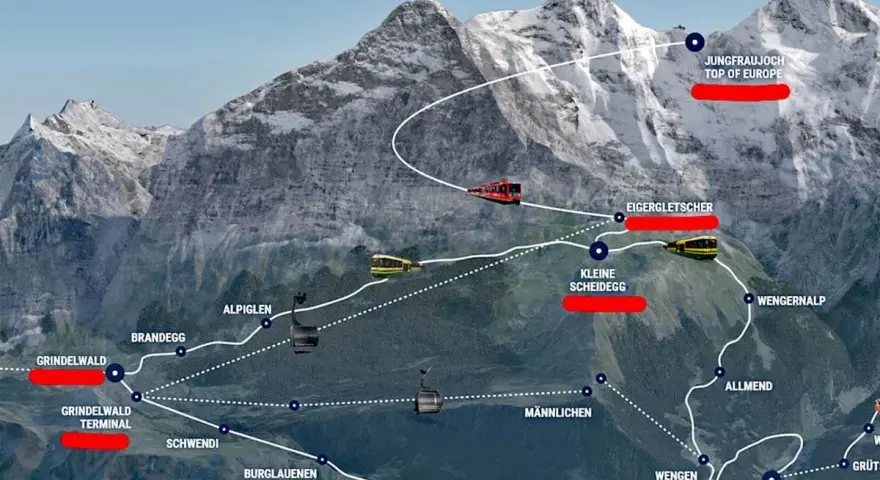 Map showing the scenic route from Wengen to Jungfraujoch, the Top of Europe, with trains and cable cars traversing snowy peaks.