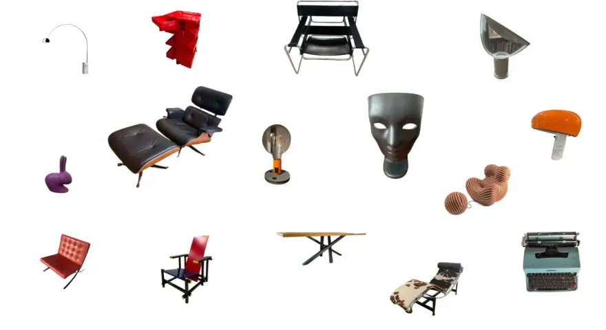Collezione di iconici oggetti di design famosi: lampada arco, sedia Eames, maschera, poltrona, macchina da scrivere e altro ancora.