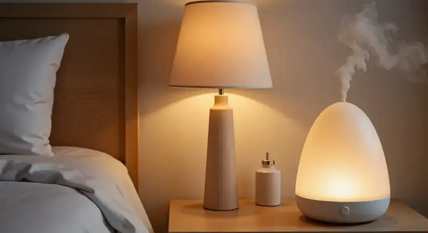 Mesita de noche con lámpara, difusor emitiendo vapor y un pequeño frasco. La humedad del 70% en la habitación crea un ambiente acogedor.