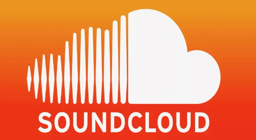 Soundcloud Musik: Das Logo mit dem stilisierten Schallwellen-Cloud-Symbol und dem Schriftzug "SOUNDCLOUD" auf einem orangen Hintergrund.