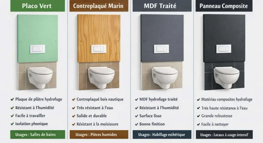 Comparaison de matériaux pour installer un WC suspendu : Placo Vert, Contreplaqué Marin, MDF Traité, Panneau Composite.