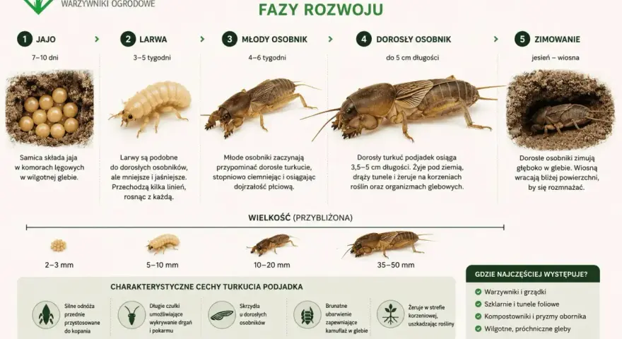 Turkuć podjadek: od jaja do dorosłego osobnika. Dorosły ma 3,5-5 cm, żyje pod ziemią, drąży tunele i żeruje na korzeniach.
