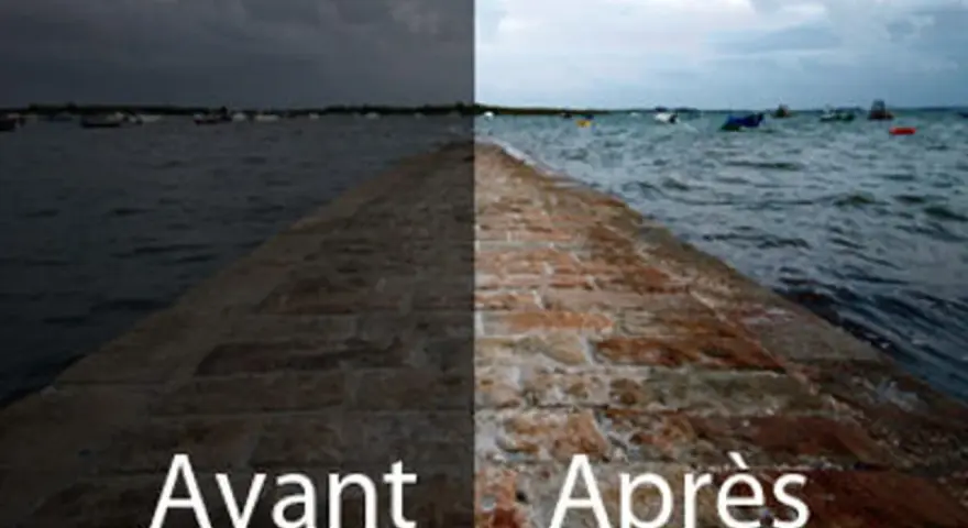 Avant/Après : un quai en pierre sombre et un quai lumineux avec des bateaux. Un exemple de retouche avec GIMP français.