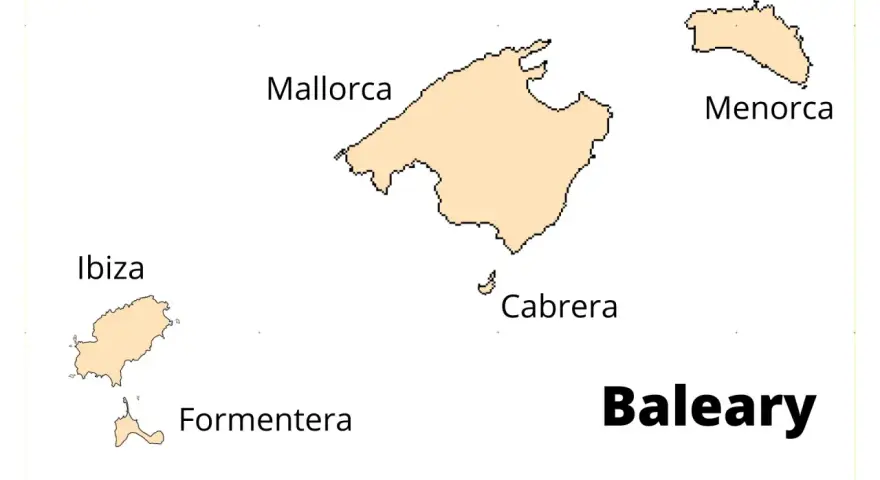 Mapa Balearów z zaznaczonymi wyspami: Majorka, Minorka, Ibiza, Formentera i Cabrera.