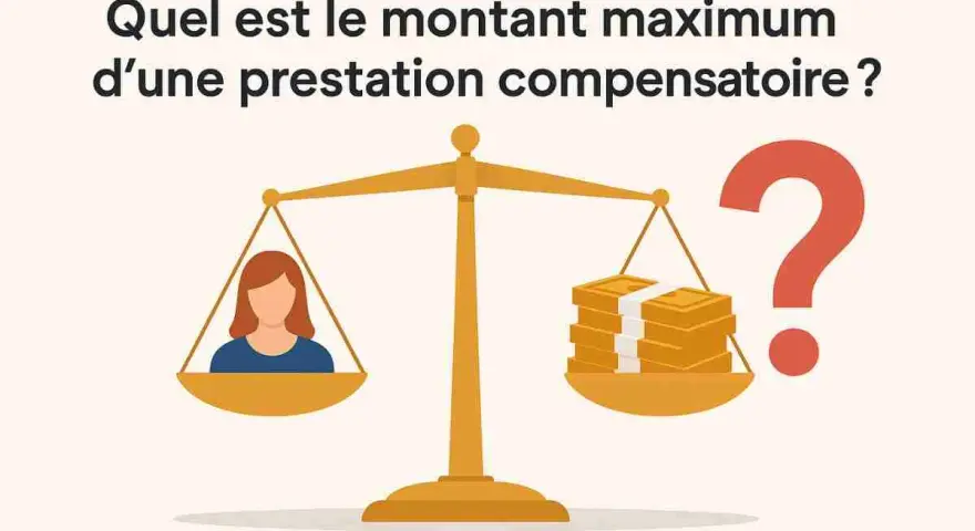 Une balance pèse une personne et des liasses de billets. La question porte sur le montant prestation compensatoire.