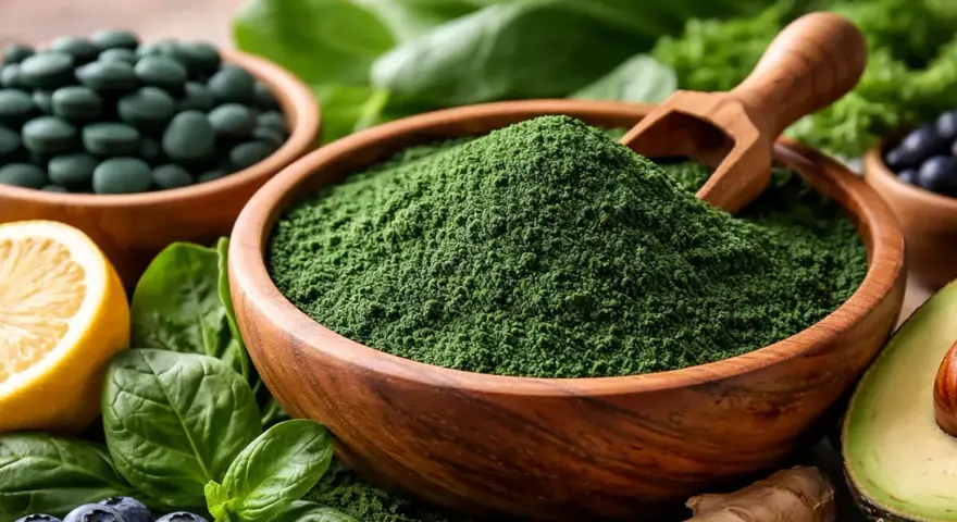 Zielona spirulina w proszku i tabletkach, otoczona świeżymi liśćmi szpinaku, cytryną, awokado i jagodami. Spirulina na co? Na zdrowie i energię!