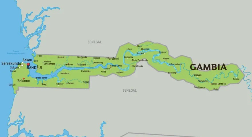 Mapa Gambii z zaznaczonymi miastami i rzeką. Planujesz podróż? Sprawdź, gdzie znajduje się **Gambia wiza** i jakie miejsca warto odwiedzić.
