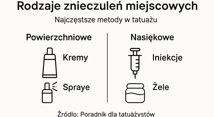 Rodzaje znieczuleń miejscowych w tatuażu: kremy, spraye (powierzchniowe) oraz iniekcje, żele (nasiękowe).