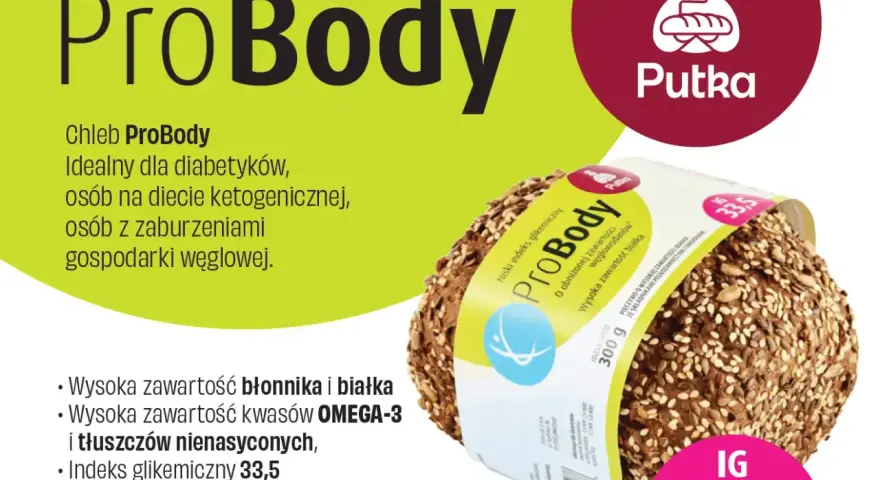 Chleb ProBody z niskim indeksem glikemicznym 33,5, bogaty w błonnik i białko, idealny dla diabetyków.