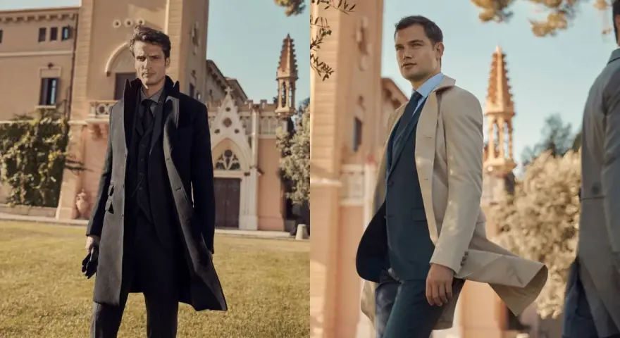 Hombres elegantes con abrigos largos, como gabardinas y abrigos de lana, posan frente a una mansión.