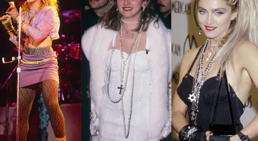 Madonna w latach 80. na imprezę: fioletowa spódniczka, koronkowy top, futerko i mnóstwo naszyjników.