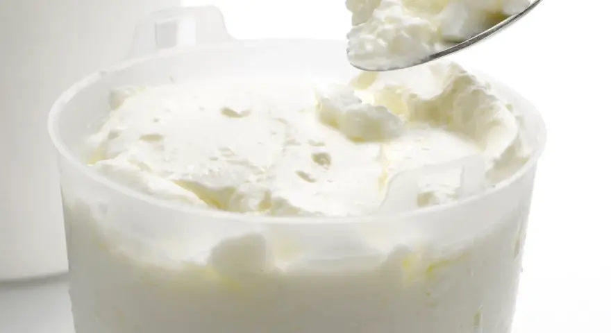 Cuillère de fromage blanc crémeux, prêt à être dégusté. La différence faisselle et fromage blanc réside dans leur texture.