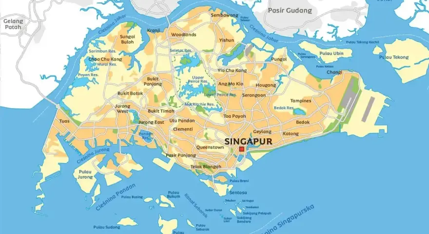 Mapa pokazuje, gdzie leży Singapur, otoczony przez Malezję i Indonezję, z licznymi wyspami i cieśninami.