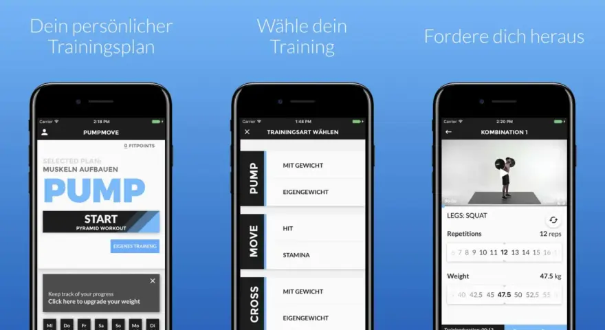 Fitness-App mit Trainingsplänen und Übungsauswahl. Für eine gute app store optimization sind solche Screenshots wichtig.