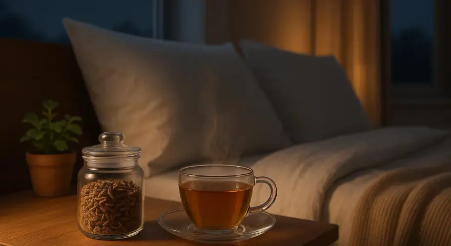 Une tasse de thé fumant et un pot de la valériane sur une table de chevet, près d'un lit douillet.