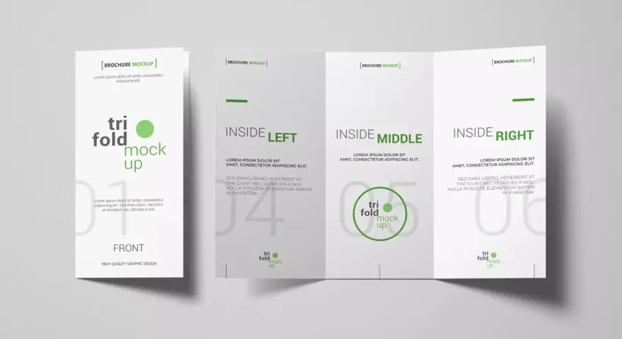 Mockup de un tríptico abierto, mostrando las secciones "Front", "Inside Left", "Inside Middle" e "Inside Right".