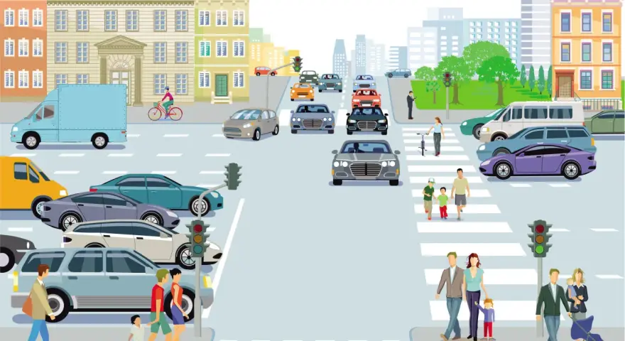Traffico cittadino con auto, furgoni, ciclisti e pedoni che attraversano la strada. Un'opera d'arte che cattura la vita urbana.