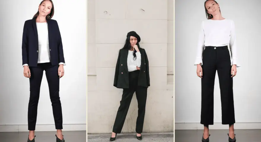 Trois femmes portent des pantalons noirs avec des chaussures élégantes. Quelle chaussure avec pantalon noir femme ? Des escarpins ou des mocassins pour un look chic.
