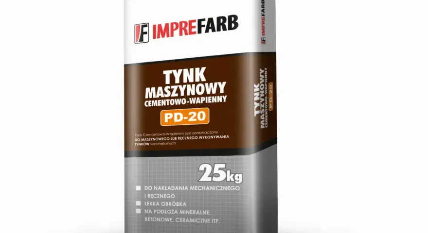 Worek z cementowo-wapiennym tynkiem maszynowym PD-20 marki IMPREFARB. Produkt do nakładania mechanicznego i ręcznego, na podłoża mineralne.