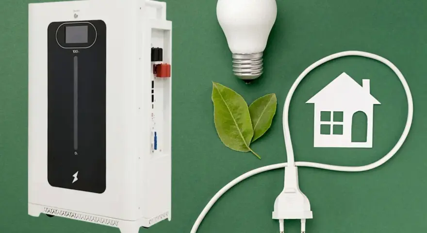 Nowoczesny magazyn energii bez fotowoltaiki, żarówka, liście i symbol domu.
