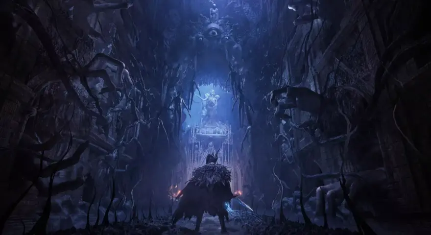 Un guerrero se enfrenta a una estatua en un pasaje oscuro y retorcido, lleno de manos y figuras fantasmales. Un vistazo a Lords of the Fallen, guía para la victoria.