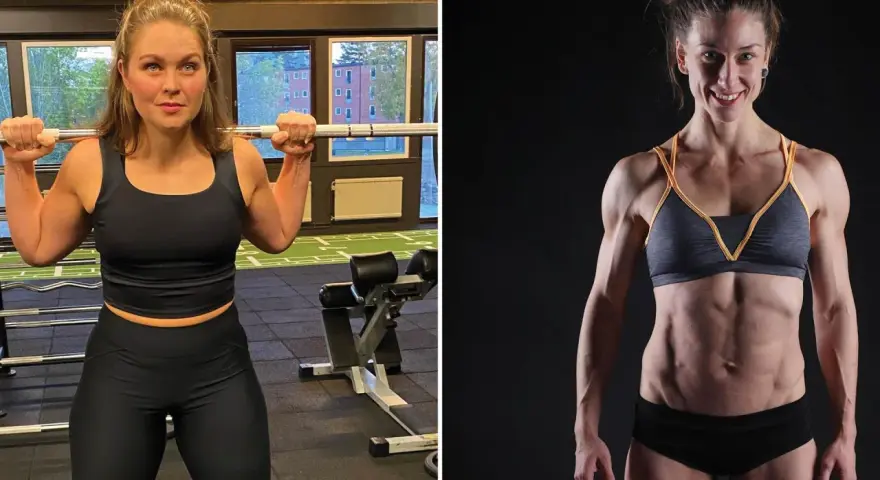 Två starka tjejer med muskler. En i gymmiljö med skivstång, den andra visar upp sin vältränade fysik.