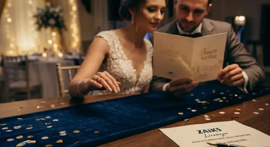 Para młoda przegląda kartkę "Nasze Wesele". Na stole leży dokument ZAIKS Licencja.