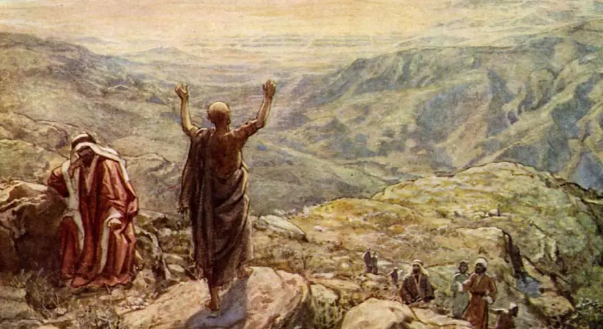 Balaam in the Bible, with arms raised, blesses Israel from a mountaintop. Another man in red looks on.