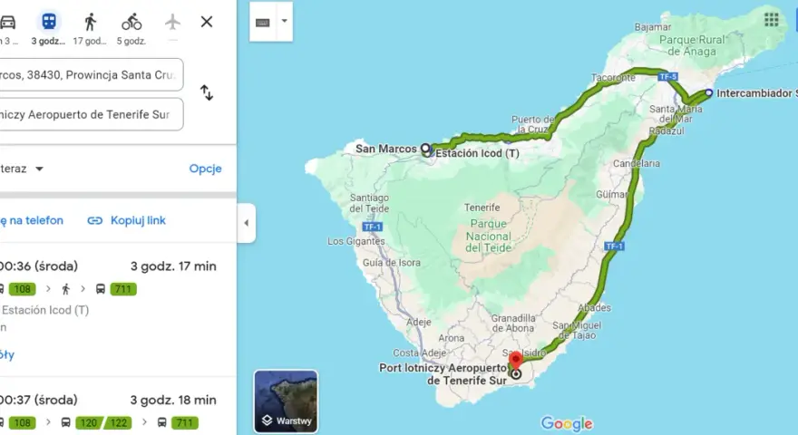 Trasa na Teneryfie, jednej z Wysp Kanaryjskich, gdzie leżą. Mapa pokazuje podróż z San Marcos do lotniska.