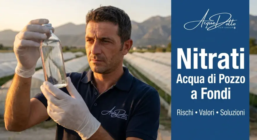 Uomo con guanti esamina campione d'acqua. Titolo: "Nitrati: Acqua di Pozzo a Fondi. Rischi, Valori, Soluzioni". Scopri cosa sono i nitriti nell'acqua.