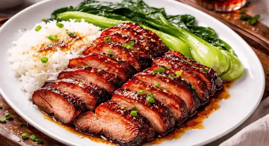 Skivat, glaserat fläsk med ris och pak choi, doftande av fem kryddor.