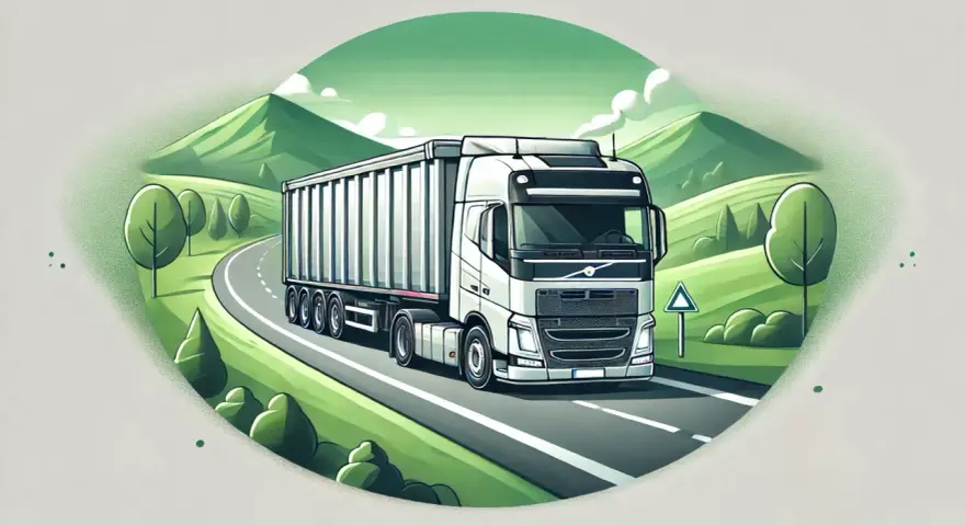 Biała ciężarówka z naczepą jedzie krętą drogą przez zielone wzgórza. To transport, który może przewieźć nawet odpady.