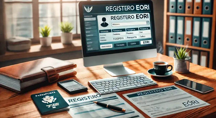 Escritorio con computadora mostrando "REGISTERO EORI", documentos, pasaporte y café. Proceso de validación eori en curso.
