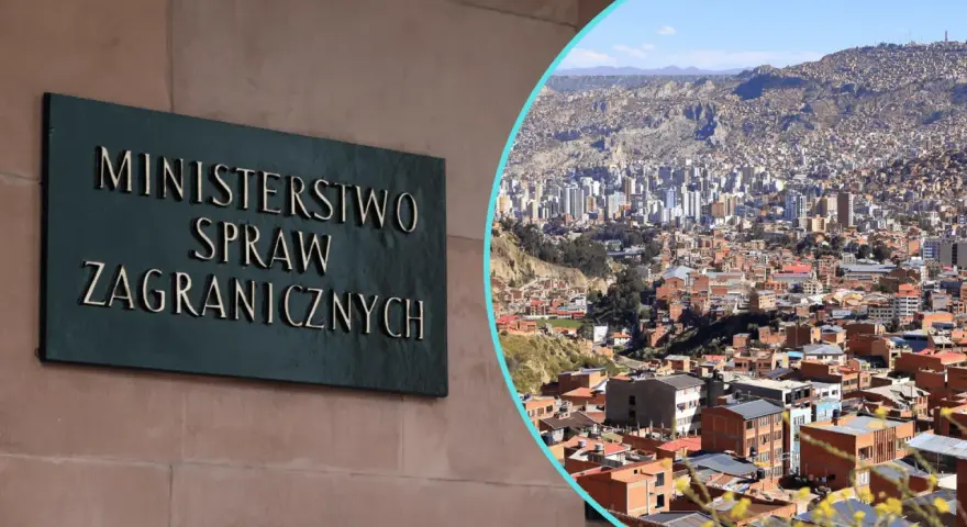 Tablica "Ministerstwo Spraw Zagranicznych" obok panoramy miasta, gdzie nie jechać.