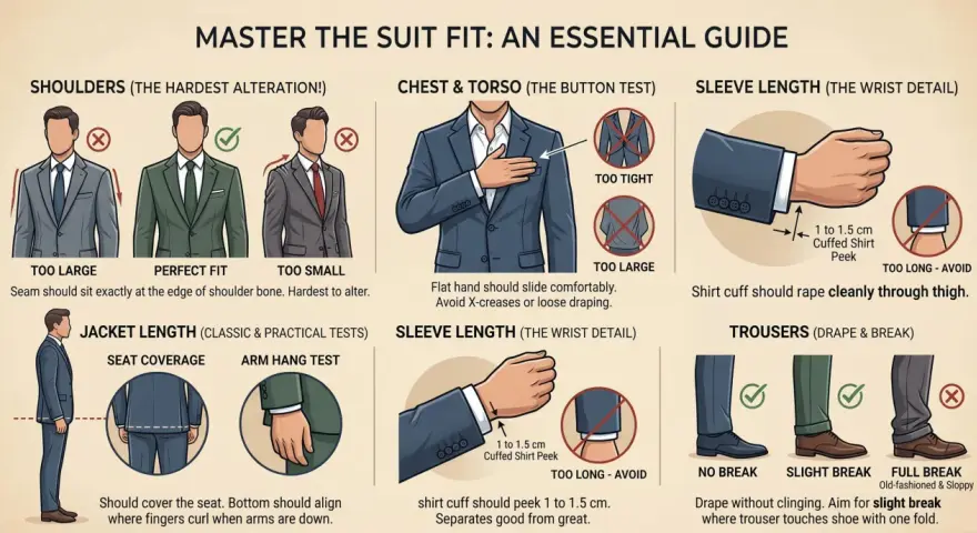 Guida ai tipi di vestibilità perfetti per giacche e pantaloni: spalle, torace, maniche e lunghezza.