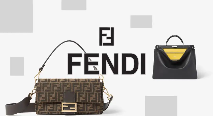 Iconico logo Fendi e due borse iconiche dell'azienda: una baguette marrone con monogramma FF e una borsa nera con interno giallo.