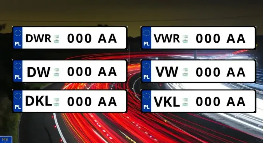 Przykładowe tablice rejestracyjne z literami DWR, DW, DKL, VWR, VW, VKL.