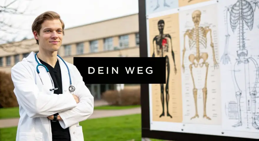 Junger Mann im Arztkittel mit Stethoskop vor anatomischen Tafeln. Sein Weg zum hochschul abschluss beginnt hier.