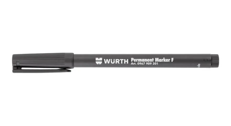 En svart Würth permanent tuschpenna med texten "Permanent Marker F" och artikelnummer.