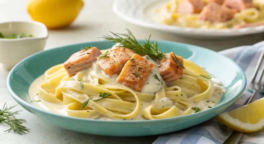 Tagliatelle mit Lachs in cremiger Soße, die durch Zitrone und Sahne mischen verfeinert wird. Garniert mit Dill und Kräutern.