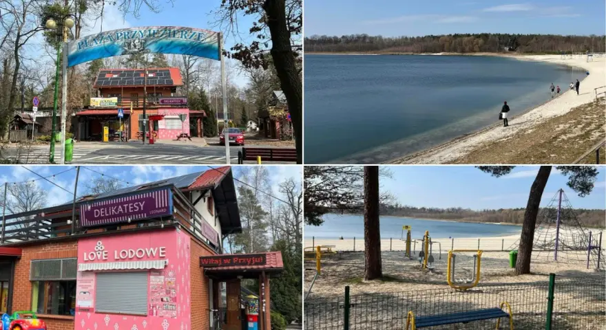 Przyjezierze jezioro z piaszczystą plażą, placem zabaw i sklepikami. W oddali widać las.