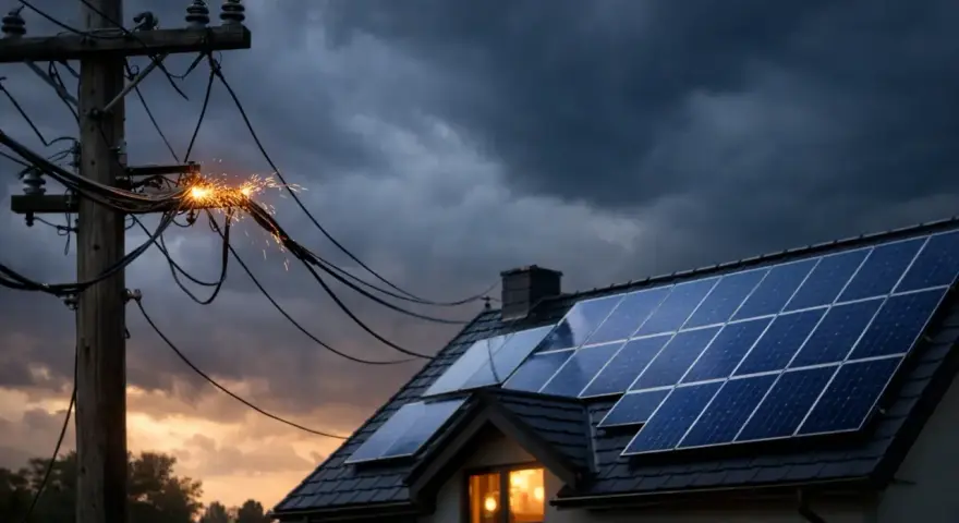 Fotowoltaika na dachu domu, a obok iskrzące przewody na słupie. Czy to zapowiedź awarii prądu, czy niezawodność zielonej energii?