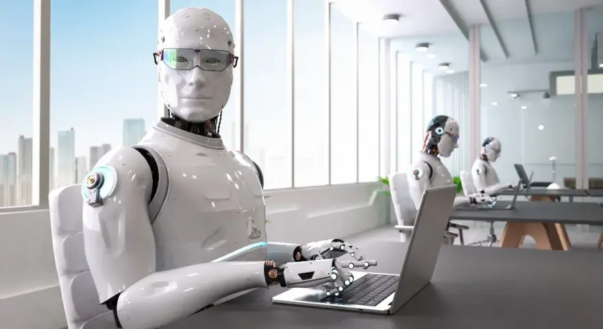 Roboty pracują w biurze, sugerując, jakie zawody zastąpi sztuczna inteligencja.
