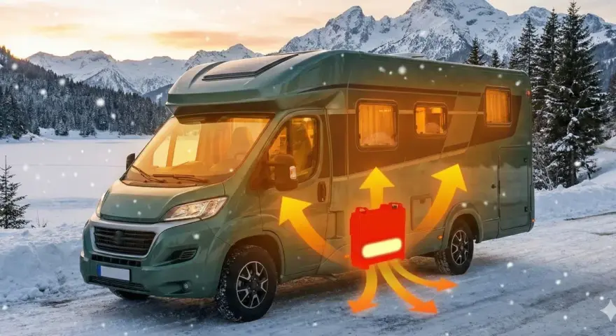 En husbil i snölandskap med värme som strålar ut från en värmekälla. Perfekt för husbilens dag i kylan.