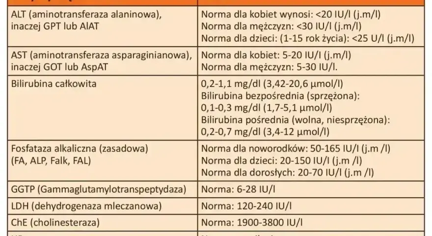 Tabela z normami badań wątrobowych: ALT, AST, bilirubina, GGTP, LDH, ChE, HBs, HCV. Co to za badanie?
