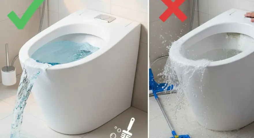 WC sans bride : le bon usage pour un nettoyage efficace et sans débordement. Le mauvais usage cause des éclaboussures.