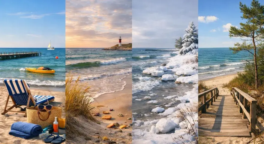 Cztery pory roku na zachodnim wybrzeżu Bałtyku: od letniego relaksu na plaży po zimowe krajobrazy z lodem i śniegiem.