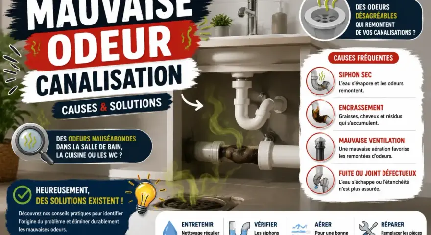 Image illustrant les causes et solutions des mauvaises odeurs de canalisation, avec des conseils pour y remédier.